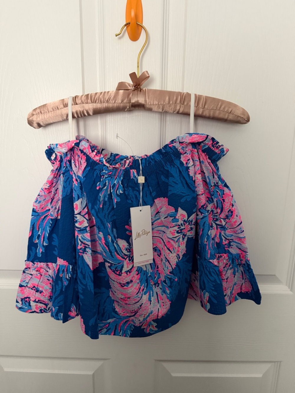 Lilly Pulitzer Blue & Pink Off-Shoulder Ruffle Crop Top